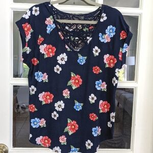 Junior's XXL Blue Floral Soft Stretchy T-shirt Top Lace Back